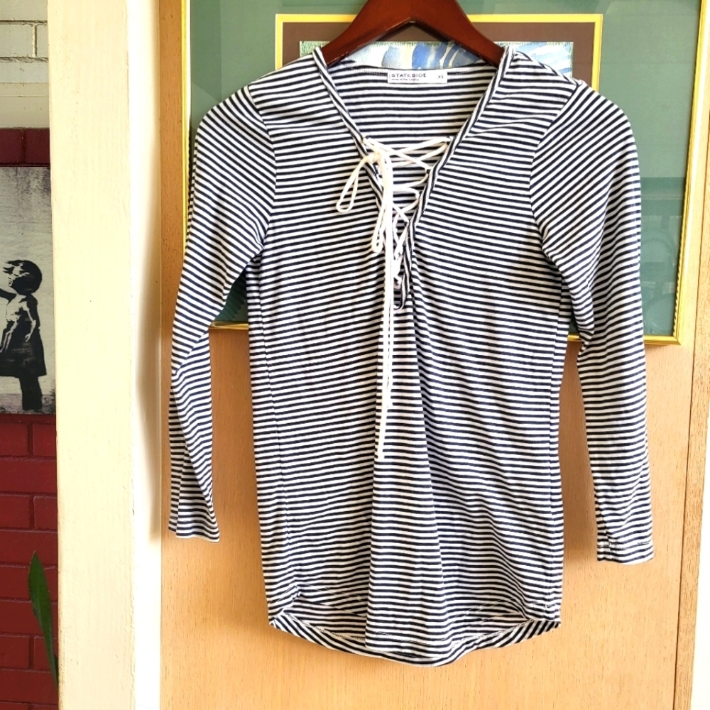 Stateside Blue and White 3/4 Sleeve Hoodie with Tie Front blouse